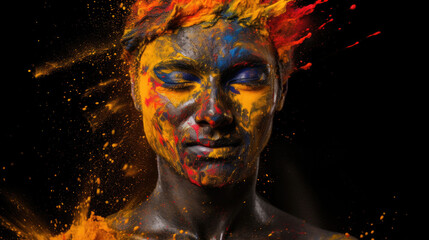 Portrait with vibrant colors Holi powder on Indian man face