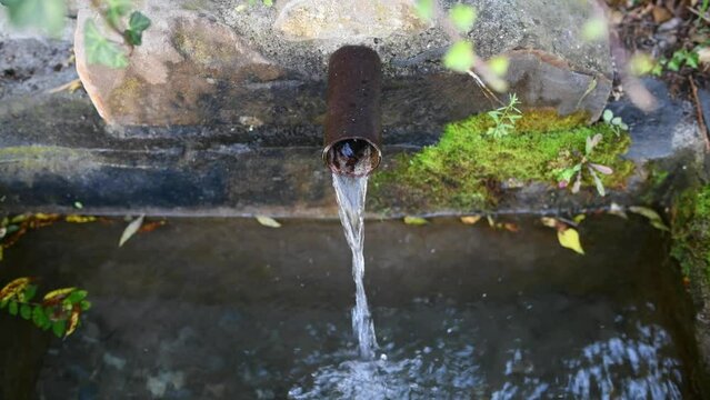 stream of water coming out of the stone fountain on the mountain surrounded by moss
