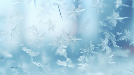 Winter frosted window glass blue color background