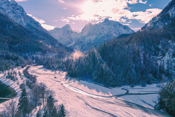 Mountain landscape on a sunny day. View of Alps in Kranjska Gora. The tops of the mountains are...