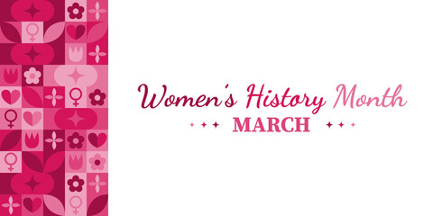 Women History Month Neo Geometric Pattern Background. Women’s History Month March Awareness Celebration. Abstract modern design. Social media post. Horizontal website header banner vector illustration
