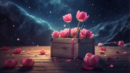 Valentines day concept with tulip flowers and gift box over rustic background A surreal scene where tulip flowers and a gift box float weightlessly in a dreamlike space. - obrazy, fototapety, plakaty