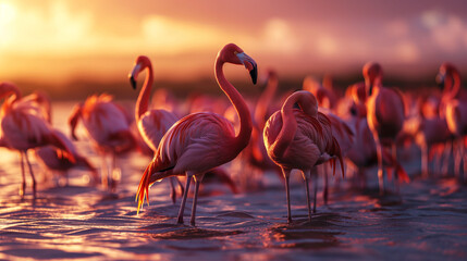 Flock of Pink Flamingos at Sunset: Waters Tinted in Rosy Hues by the Setting Sun, Creating an Unforgettable Spectacle Amidst the Graceful Flamingo Flock