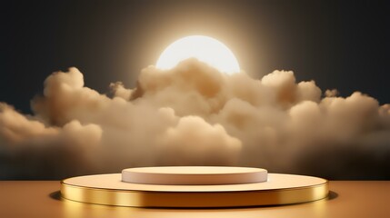 golden fabric podium with clouds around it - obrazy, fototapety, plakaty