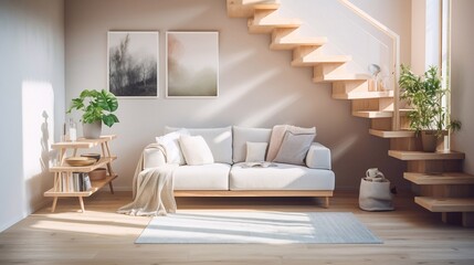 Cozy modern spring interior of a bright studio apartment with a sofa and stairs to the second level