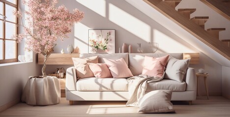 Fototapeta na wymiar Cozy modern spring interior of a bright studio apartment with a sofa and stairs to the second level