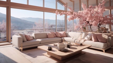 Cozy modern spring interior of a bright studio living room with a sofa and cherry blossom branches in chalet with cherry blossom trees outside the window - obrazy, fototapety, plakaty