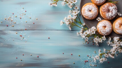 Obraz na płótnie Canvas Delicious homemade bread, eggs, blooming spring flowers on rustic table Card with blue background with copy place for text