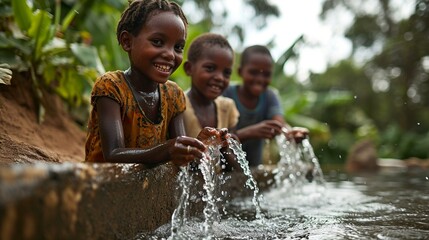 A heartwarming image of children in a developing community enjoying access to clean water for the first time, showcasing the impact of water initiatives. [World Water Day]