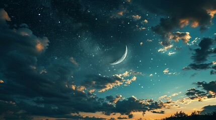 Fototapeta na wymiar A creative composition of a crescent moon and twinkling stars against a deep blue sky, representing the beginning of Ramadan. [Ramadan]