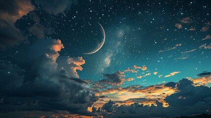 A creative composition of a crescent moon and twinkling stars against a deep blue sky, representing the beginning of Ramadan. [Ramadan]