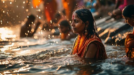 A serene shot of devotees taking a ritualistic dip in a holy river or pond as part of the Ram Navami observances, symbolizing purification. [Ram Navami] - obrazy, fototapety, plakaty