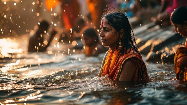 A serene shot of devotees taking a ritualistic dip in a holy river or pond as part of the Ram Navami observances, symbolizing purification. [Ram Navami]