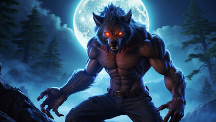 A werewolf before attacking with a bright moon in the background.