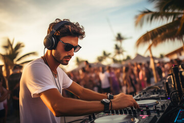 Energetic Beach Night: DJ Blends Tunes Amidst Crowd