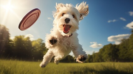 Fluffy dog catching a frisbee in mid-air, showcasing pure joy and playful energy.