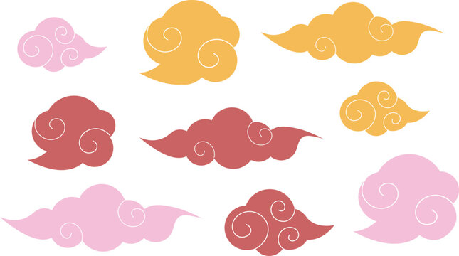 set of vector chinese clouds in cartoon style. red, orange, pink clouds in asian oriental style. traditional japanese sky elements