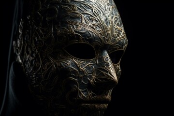 A detailed view of a mask against black fabric. Generative AI
