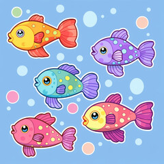 Vibrant, patterned cartoon fish swimming amidst bubbles, ideal for children's illustrations or playful aquatic themes.