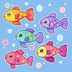 Fototapeta premium Vibrant, patterned cartoon fish swimming amidst bubbles, ideal for children's illustrations or playful aquatic themes.