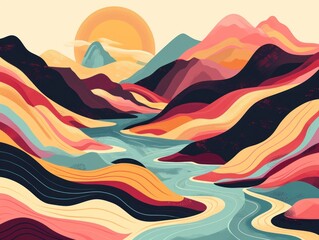 Abstract art featuring vibrant geometric shapes depicting a surreal landscape composition.