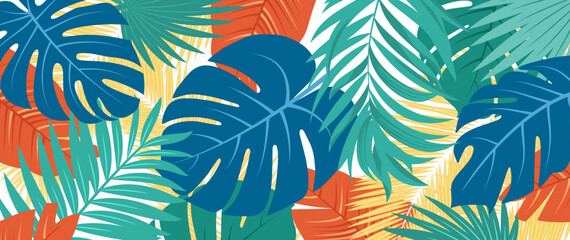 Abstract background from colored bright botanical tropical palm leaves branches. Design for prints wall art banner poster fabric decoration. Flat doodle style. Vector illustration.