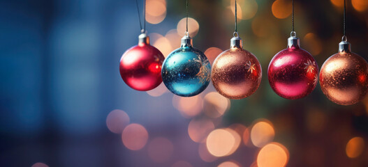 Banner with Christmas multi-colored balls with painting on colorful background and golden bokeh lights, Space for text