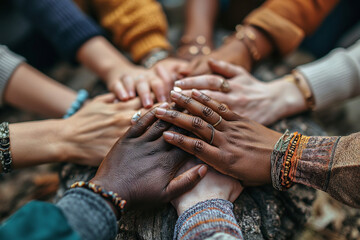 A vibrant close up of diverse hands joining together in unity symbolizing diversity and teamwork. Ai generated