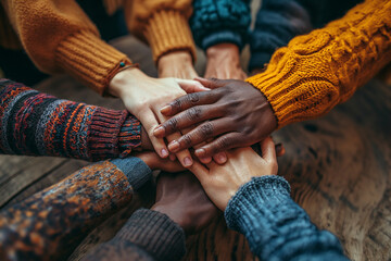 A vibrant close up of diverse hands joining together in unity symbolizing diversity and teamwork. Ai generated