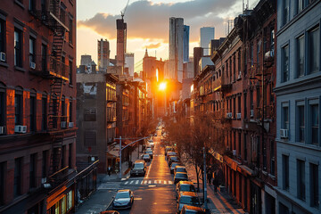 A vibrant city during the golden hour, highlighting urban life architecture and the warmth of...