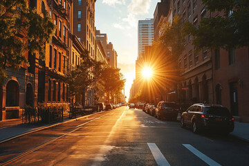 A vibrant city during the golden hour, highlighting urban life architecture and the warmth of...