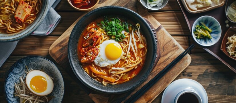 Korean cuisine: ramen with kimchi, fried egg, and tea.