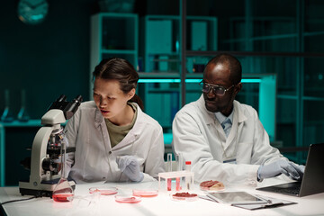 Biracial scientists working in team on synthetic meat alternative sitting at their workplace in lab