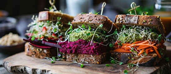 Gluten-free vegan sandwiches, emphasizing soft focus, with beet hummus, raw vegetables, and sprouts.