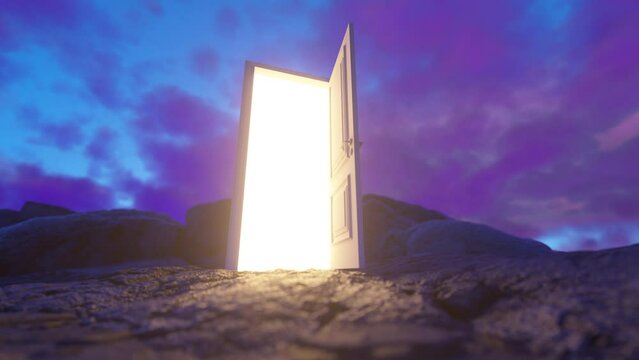 The door opens and a bright orange light fills the space against a fantastic backdrop of hills and mountains and sky. Concept of innovations, future and hope, beginning or a win. 3d animation 4K