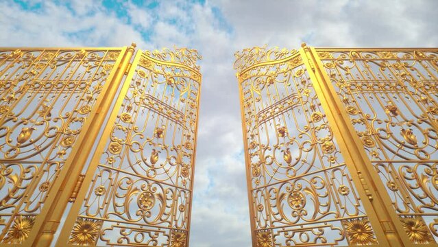 Golden Gate to Heaven. The gate closes against the backdrop of a colorful sky. 3D video animation 4K