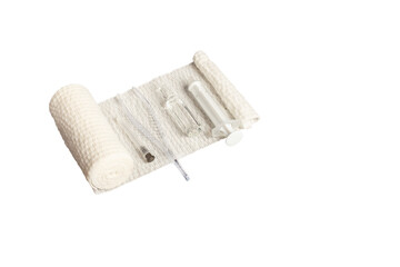 medical bandage, syringe and ampoule with medicine for first aid isolated on a white background