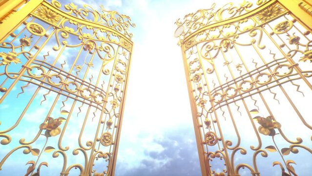Golden gate to heaven. The gate opens against the background of a colorful sky. Forward movement. 3D Video Animation 4K