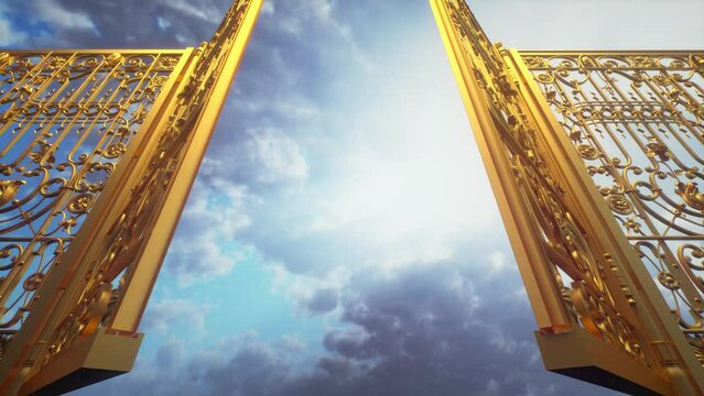 Golden Gate to Heaven. The gate closes against the backdrop of a colorful sky. Moving backwards. 3D video animation 4K