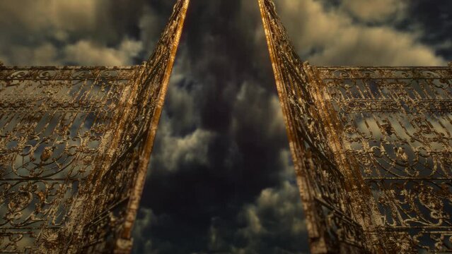 Old rusty gate to hell. The gates are closing against the backdrop of a dark, gloomy sky. Devil's portal. 3D video animation 4K