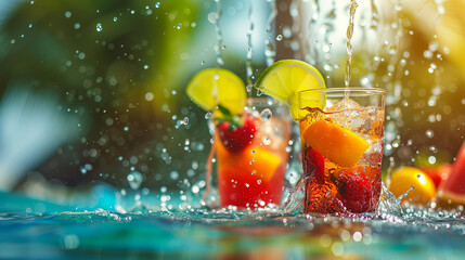 summer cocktails by the pool. sunny day, splashes, tropical fruits. Blurred background with copy space