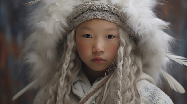 A child of the peoples of the north (Chukcha, Eskimo, etc.) in national winter clothes with fur and feathers. A girl with long white pigtails. Illustration for cover, interior design, poster, brochure
