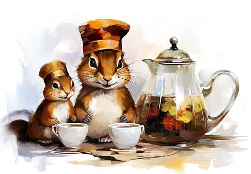 Two chipmunk cooks in caps are sitting on a table with two cups of tea and a teapot. Painting in painted style with rodents. Illustration for cover, card, postcard, interior design or presentation.