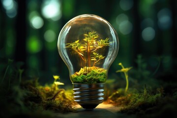 Green shoots inside the lamp against a background of green vegetation.