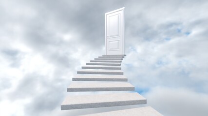 White staircase to a closed door against a colorful sky. Stairway to the Top. Soul Moving to Paradise. 3d render