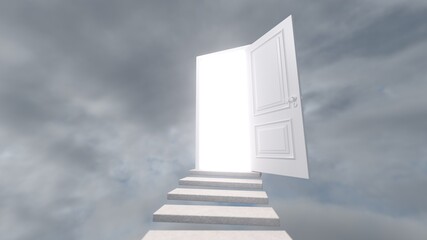 White staircase to a open door against a colorful sky. Stairway to the Top. Soul Moving to Paradise. 3d render