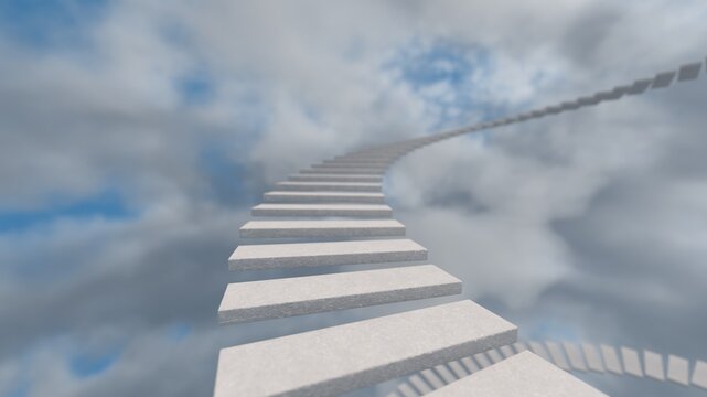 White staircase against a colorful sky. Stairway to the Top. Soul Moving to Paradise. 3d render