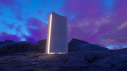 The door open and a bright orange light fills the space against a fantastic backdrop of hills and mountains and sky. Concept of innovations, future and hope, beginning or a win. 3d render - obrazy, fototapety, plakaty