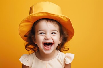 funny laughing girl in a hat, happy child, childrens day, grimaces and emotions - obrazy, fototapety, plakaty