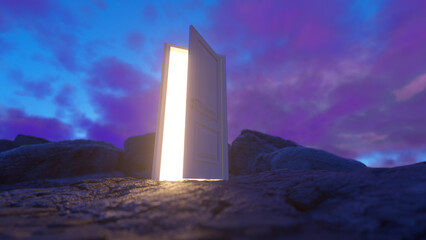 The door open and a bright orange light fills the space against a fantastic backdrop of hills and mountains and sky. Concept of innovations, future and hope, beginning or a win. 3d render © MIKHAIL